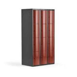 Dvoumodulová šatní skříňka opatřená elegantními dvířky s vypouklým tvarem. Každý modul obsahuje 4 boxy s vlastními dvířky