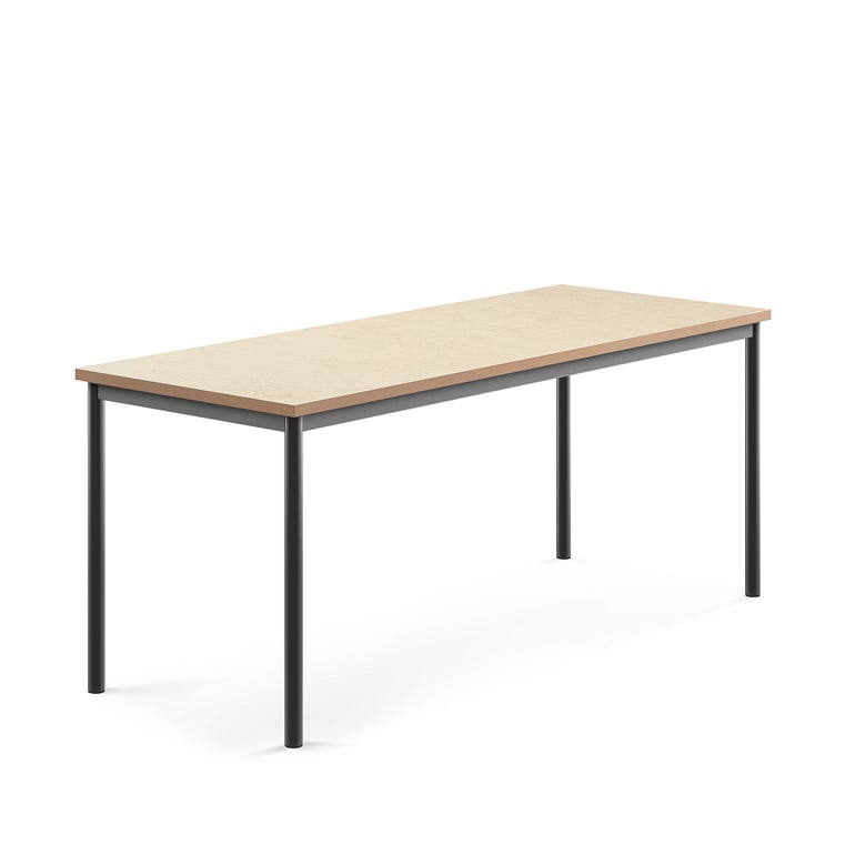 Stůl s obdelníkovou deskou a vynikajícími akustickými vlastnostmi. Deska z ekologického linolea dobře tlumí zvuk a je posazena na elegantní podnož z ocelových trubek opatřených ochranným práškovým lakem. Produkt byl úspěšně testován a certifikován podle normy EN 1729.Ve školních zařízeních je častým jevem nadměrný hluk