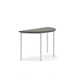 Stůl s půlkruhovou deskou a vynikajícími akustickými vlastnostmi. Deska z ekologického linolea dobře tlumí zvuk a je posazena na elegantní podnož z ocelových trubek opatřených ochranným práškovým lakem. Produkt byl úspěšně testován a certifikován podle normy EN 1729.Ve školních zařízeních je častým jevem nadměrný hluk