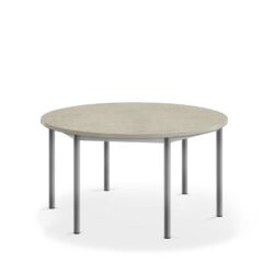 Stůl s kulatou deskou a vynikajícími akustickými vlastnostmi. Deska z ekologického linolea s povrchem z materiálu Marmoleum Decibel