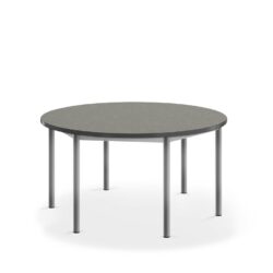 Stůl s kulatou deskou a vynikajícími akustickými vlastnostmi. Deska z ekologického linolea s povrchem z materiálu Marmoleum Decibel