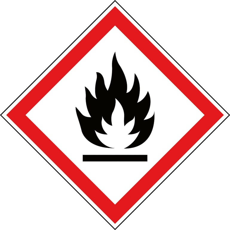 Samolepicí značka se symbolem pro hořlaviny. V souladu s globálním systémem GHS pro označení a klasifikaci chemikálií.Samolepicí značky pro jasné označení nebezpečných chemikálií. Symbol na této značce varuje