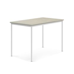 Stůl s obdelníkovou deskou a vynikajícími akustickými vlastnostmi. Deska z ekologického linolea dobře tlumí zvuk a je posazena na elegantní podnož z ocelových trubek opatřených ochranným práškovým lakem. Produkt byl úspěšně testován a certifikován podle normy EN 1729.Ve školních zařízeních je častým jevem nadměrný hluk