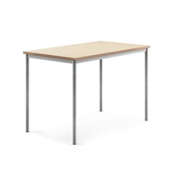 Stůl s obdelníkovou deskou a vynikajícími akustickými vlastnostmi. Deska z ekologického linolea dobře tlumí zvuk a je posazena na elegantní podnož z ocelových trubek opatřených ochranným práškovým lakem. Produkt byl úspěšně testován a certifikován podle normy EN 1729.Ve školních zařízeních je častým jevem nadměrný hluk