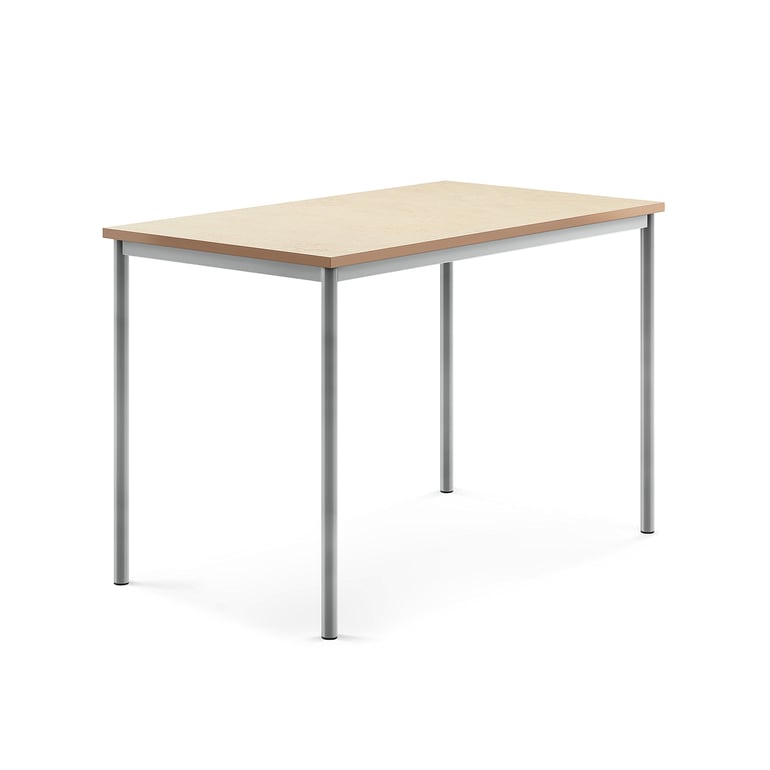 Stůl s obdelníkovou deskou a vynikajícími akustickými vlastnostmi. Deska z ekologického linolea dobře tlumí zvuk a je posazena na elegantní podnož z ocelových trubek opatřených ochranným práškovým lakem. Produkt byl úspěšně testován a certifikován podle normy EN 1729.Ve školních zařízeních je častým jevem nadměrný hluk