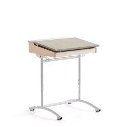 Školní lavice s deskou tlumící zvuk. Deska může být pomocí klapky umístěna vodorovně nebo šikmo pod úhlem přibližně 5 stupňů. Lavice je výškově nastavitelná a má dva háčky.Klasická školní lavice s nastavitelnou deskou