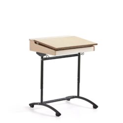Školní lavice s deskou tlumící zvuk. Deska může být pomocí klapky umístěna vodorovně nebo šikmo pod úhlem přibližně 5 stupňů. Lavice je výškově nastavitelná a má dva háčky.Klasická školní lavice s nastavitelnou deskou