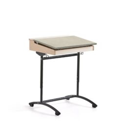 Školní lavice s deskou tlumící zvuk. Deska může být pomocí klapky umístěna vodorovně nebo šikmo pod úhlem přibližně 5 stupňů. Lavice je výškově nastavitelná a má dva háčky.Klasická školní lavice s nastavitelnou deskou