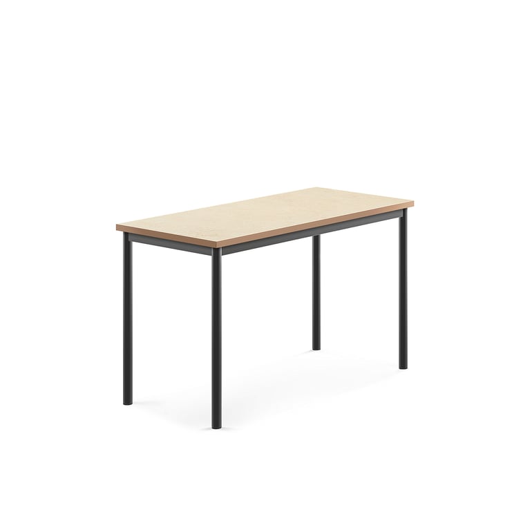 Stůl s obdelníkovou deskou a vynikajícími akustickými vlastnostmi. Deska z ekologického linolea dobře tlumí zvuk a je posazena na elegantní podnož z ocelových trubek opatřených ochranným práškovým lakem. Produkt byl úspěšně testován a certifikován podle normy EN 1729.Ve školních zařízeních je častým jevem nadměrný hluk