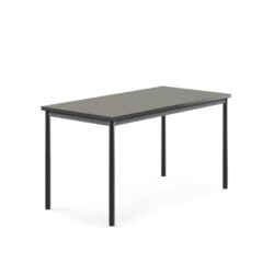 Stůl s obdelníkovou deskou a vynikajícími akustickými vlastnostmi. Deska z ekologického linolea dobře tlumí zvuk a je posazena na elegantní podnož z ocelových trubek opatřených ochranným práškovým lakem. Produkt byl úspěšně testován a certifikován podle normy EN 1729.Ve školních zařízeních je častým jevem nadměrný hluk
