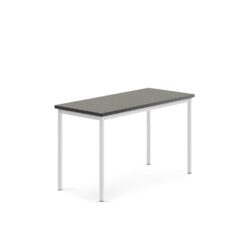 Stůl s obdelníkovou deskou a vynikajícími akustickými vlastnostmi. Deska z ekologického linolea dobře tlumí zvuk a je posazena na elegantní podnož z ocelových trubek opatřených ochranným práškovým lakem. Produkt byl úspěšně testován a certifikován podle normy EN 1729.Ve školních zařízeních je častým jevem nadměrný hluk