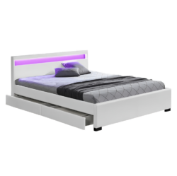Manželská postel s úložným prostorem, RGB LED osvětlení, bílá ekokůže, 160x200, CLARETA