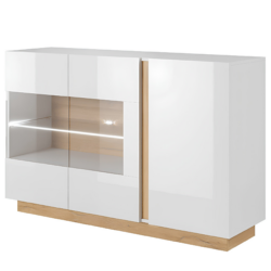 Komoda se sklem, bílá / dub grandson / bílý lesk, CITY