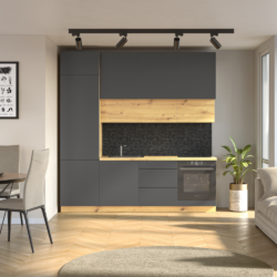 Kuchyňská linka, 2,4 m, šedá/dub artisan, VINETU