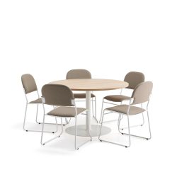 Flexibilní nábytková sestava do zasedací místnosti! Skládá se z kulatého stolu s odolnou laminovanou deskou a elegantních čalouněných židlí. Židle se dají stohovat