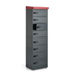 Venkovní skříň určená pro bezpečné nabíjení a ukládání baterií do elektrokol na veřejných místech. Disponuje prostornými