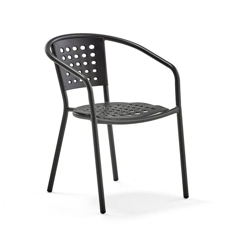 Židle vyrobená z odolných a lehkých materiálů. Má oblý design s integrovanými područkami