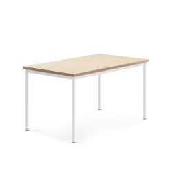 Stůl s obdelníkovou deskou a vynikajícími akustickými vlastnostmi. Deska z ekologického linolea dobře tlumí zvuk a je posazena na elegantní podnož z ocelových trubek opatřených ochranným práškovým lakem. Produkt byl úspěšně testován a certifikován podle normy EN 1729.Ve školních zařízeních je častým jevem nadměrný hluk