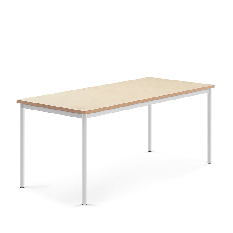 Stůl s obdelníkovou deskou a vynikajícími akustickými vlastnostmi. Deska z ekologického linolea dobře tlumí zvuk a je posazena na elegantní podnož z ocelových trubek opatřených ochranným práškovým lakem. Produkt byl úspěšně testován a certifikován podle normy EN 1729.Ve školních zařízeních je častým jevem nadměrný hluk