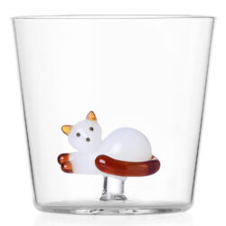 Ichendorf Milano designové sklenice na vodu Tabby Cat Tumbler Lying White Cat with Amber Tail